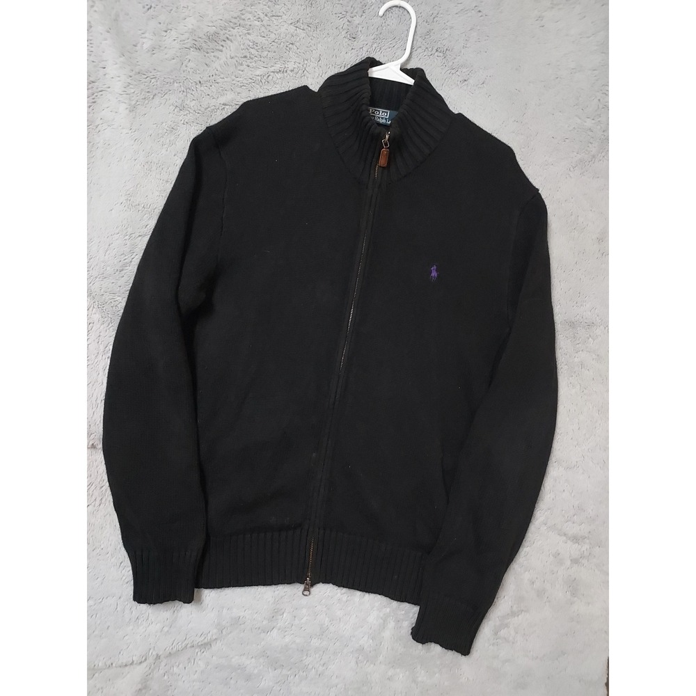 Polo Ralph Lauren Sweater Mens Large Heavyweight Full Zip Black Purple Pony Prep